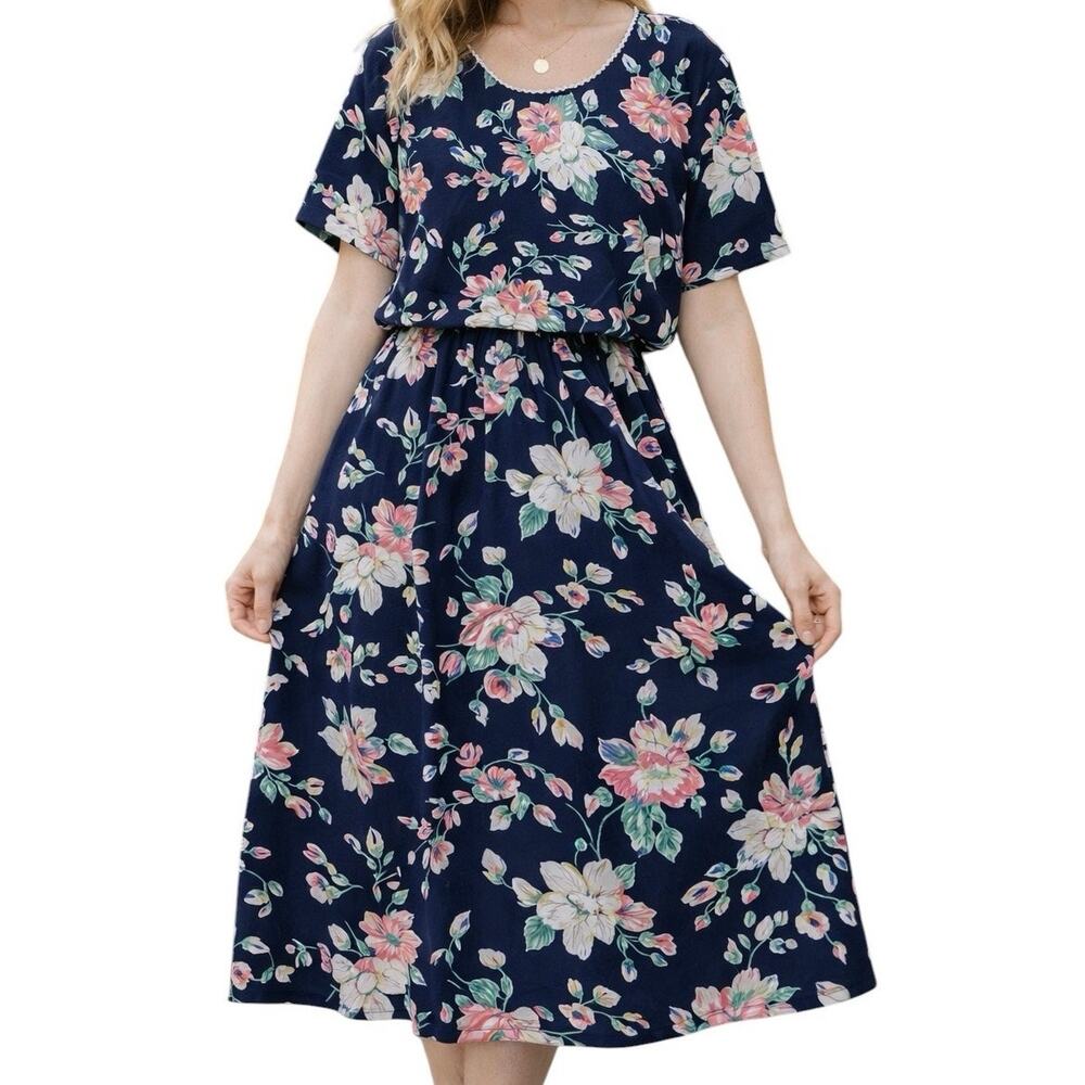 Vintage Laura & Jayne Floral Skirt Set Navy Cottagecore Blouse‎ Skirt 10 Petite